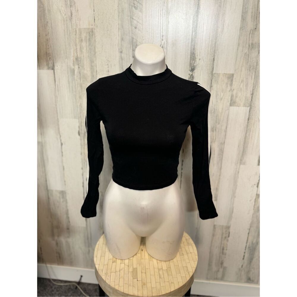Fashion Nova Black Long Sleeve Mock Neck Crop Top Womens Size Small S White Stri